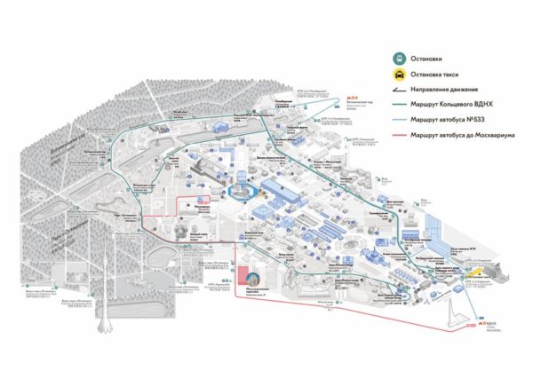 Схема движения общественного транспорта на территории ВДНХ в период проведения Международной выставки-форума «Россия»